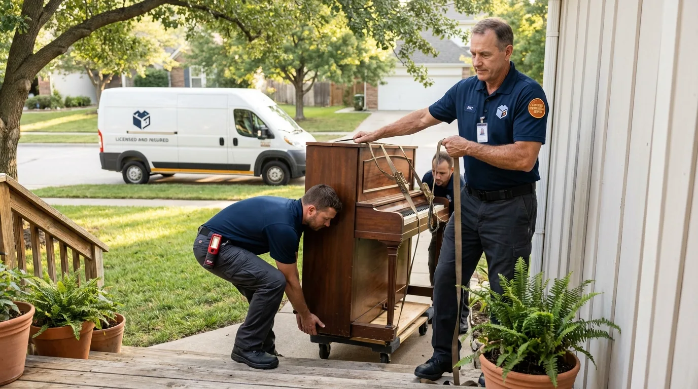 Licensed piano movers securing grand piano in Lexington, MI