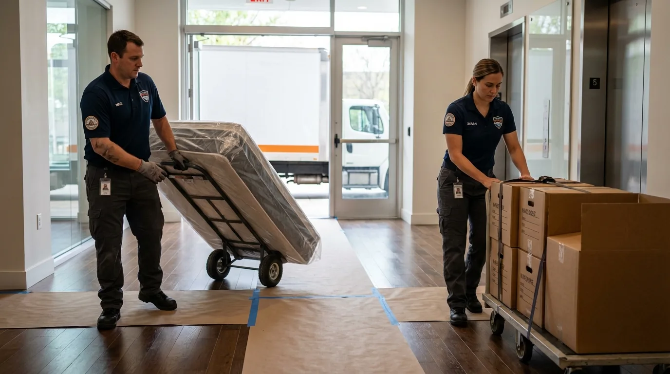 Professional apartment movers loading elevator in Lexington, MI