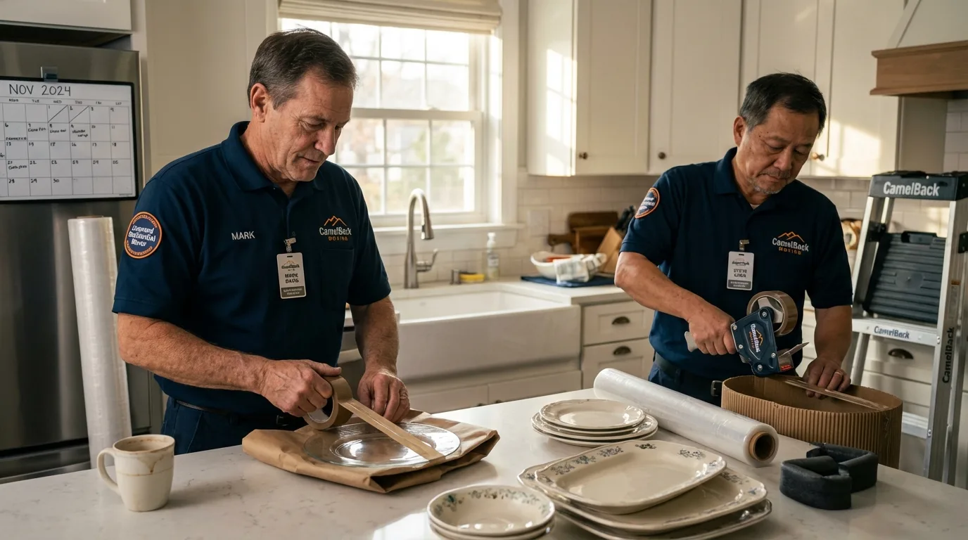 Professional crew packing kitchen dishware in Lexington, MI